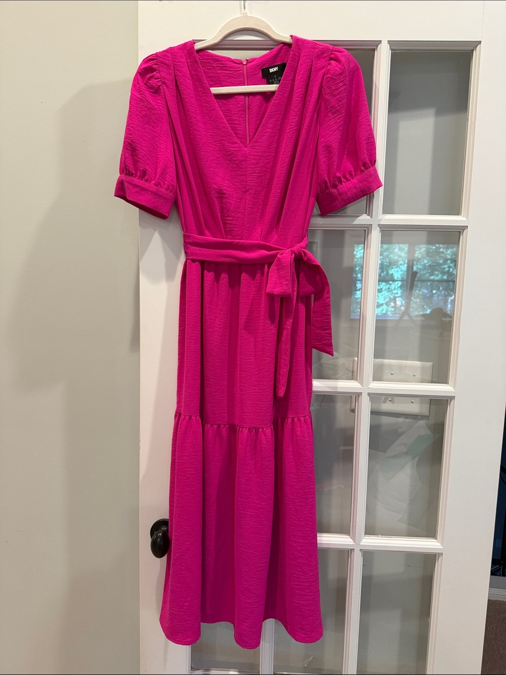 DKNY Hot Pink V-Neck Tie-Waist Midi Dress